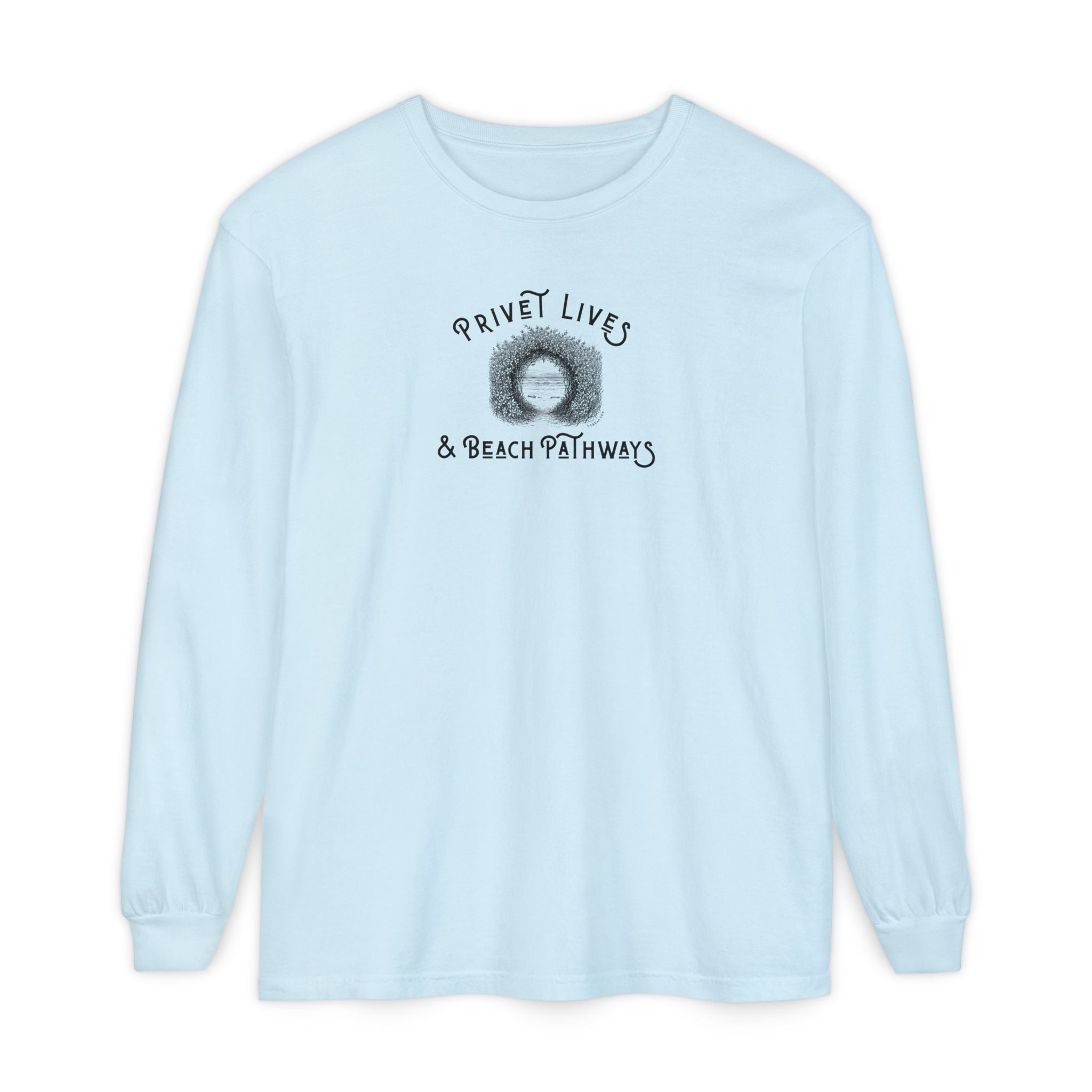 Light blue unisex Comfort Colors® long‑sleeve tee with beach graphic and text "Privet Lives & Beach Pathways"