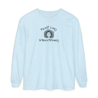 Light blue unisex Comfort Colors® long‑sleeve tee with beach graphic and text "Privet Lives & Beach Pathways"