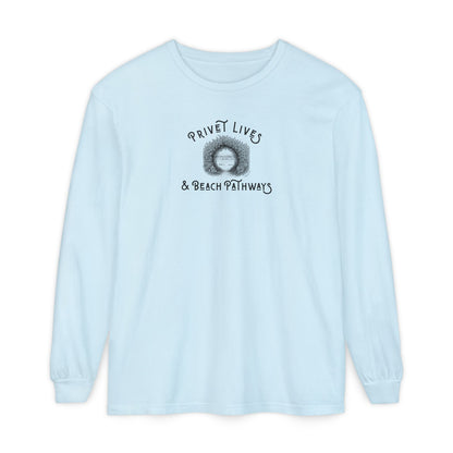 Light blue unisex Comfort Colors® long‑sleeve tee with beach graphic and text "Privet Lives & Beach Pathways"