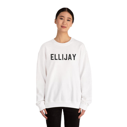 Person wearing a white sweatshirt with 'ELLIJAY' embroidered in black