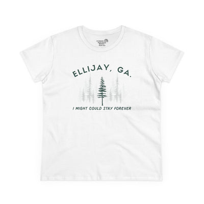 Women's semi-fitted t-shirt by 515 Gear | Ellijay, GA | 'I might could stay forever' forest graphic 