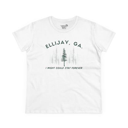 Women's semi-fitted t-shirt by 515 Gear | Ellijay, GA | 'I might could stay forever' forest graphic 