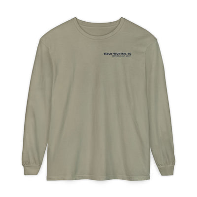 Olive long-sleeve Comfort Color t-shirt with text Beech Mountain NC Vertical Drop  830 ft