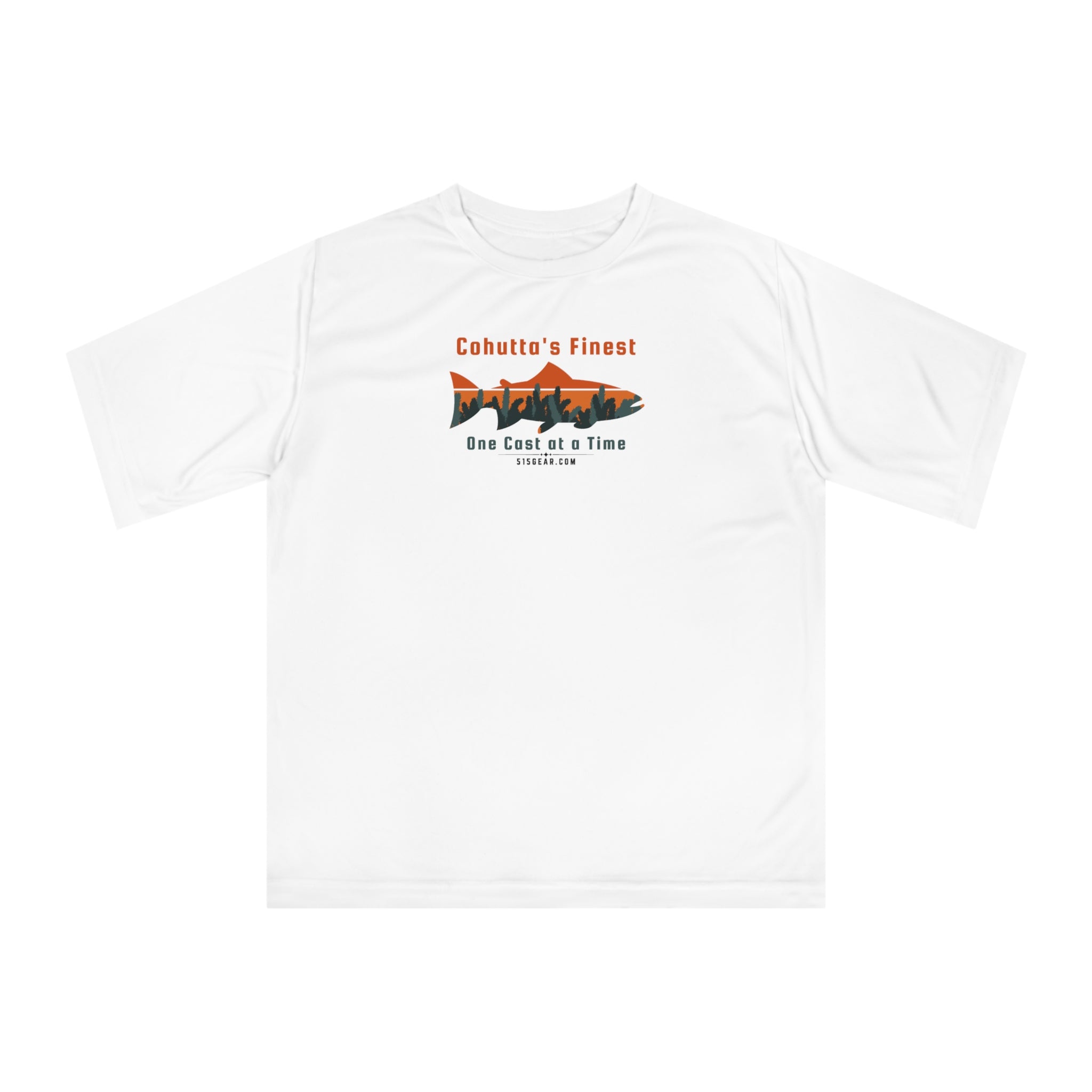 White performance t-shirt with fishing theme graphic and text 'Cohutta's Finest One Cast at a Time'