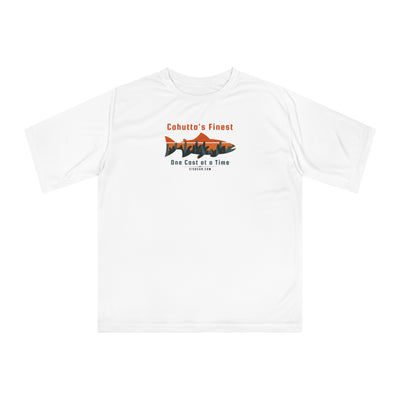 White performance t-shirt with fishing theme graphic and text 'Cohutta's Finest One Cast at a Time'