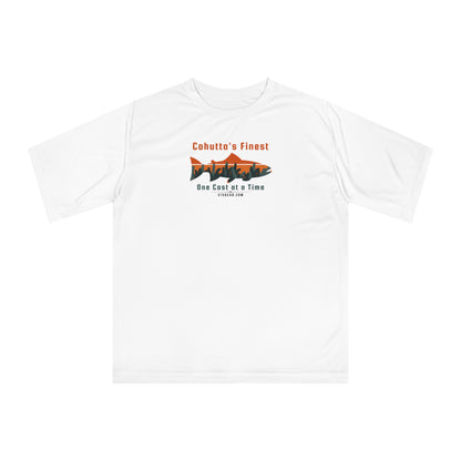 White performance t-shirt with fishing theme graphic and text 'Cohutta's Finest One Cast at a Time'