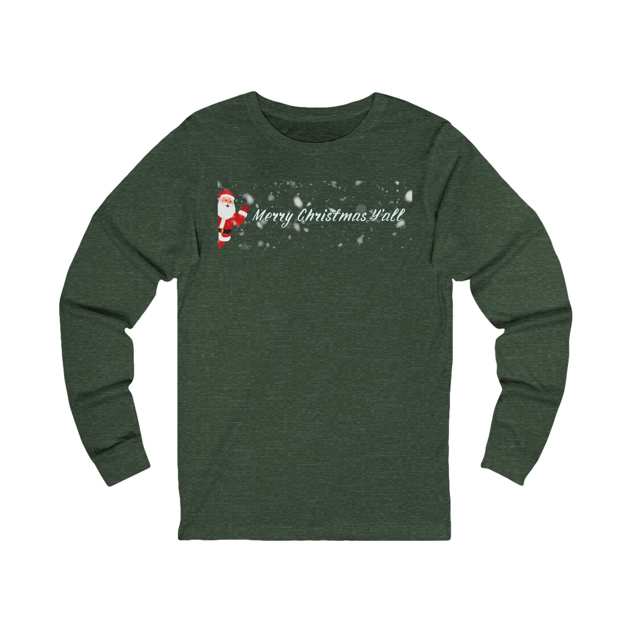 Green long-sleeve shirt with Santa Claus graphic and 'Merry Christmas Y'all' text on a white background