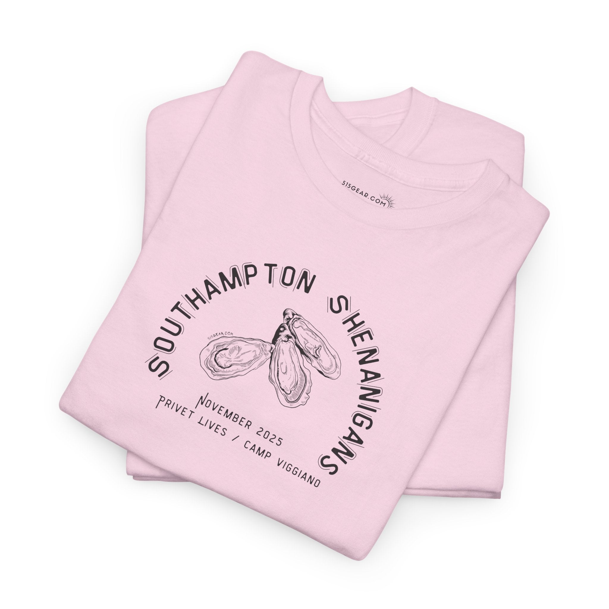 Folded pink t-shirt with 'Southampton Shenanigans' text and oyster graphics on a white background