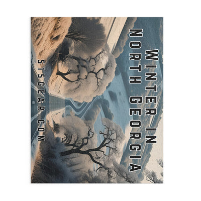 Wintery landscape puzzle with snow-covered trees and a road, text overlay 'Winter in North Georgia' and website '515GEAR.COM'.