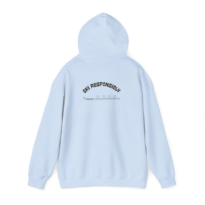 Light blue hoodie with text on the back "Ski Responsibly" and graphic of a Shotski