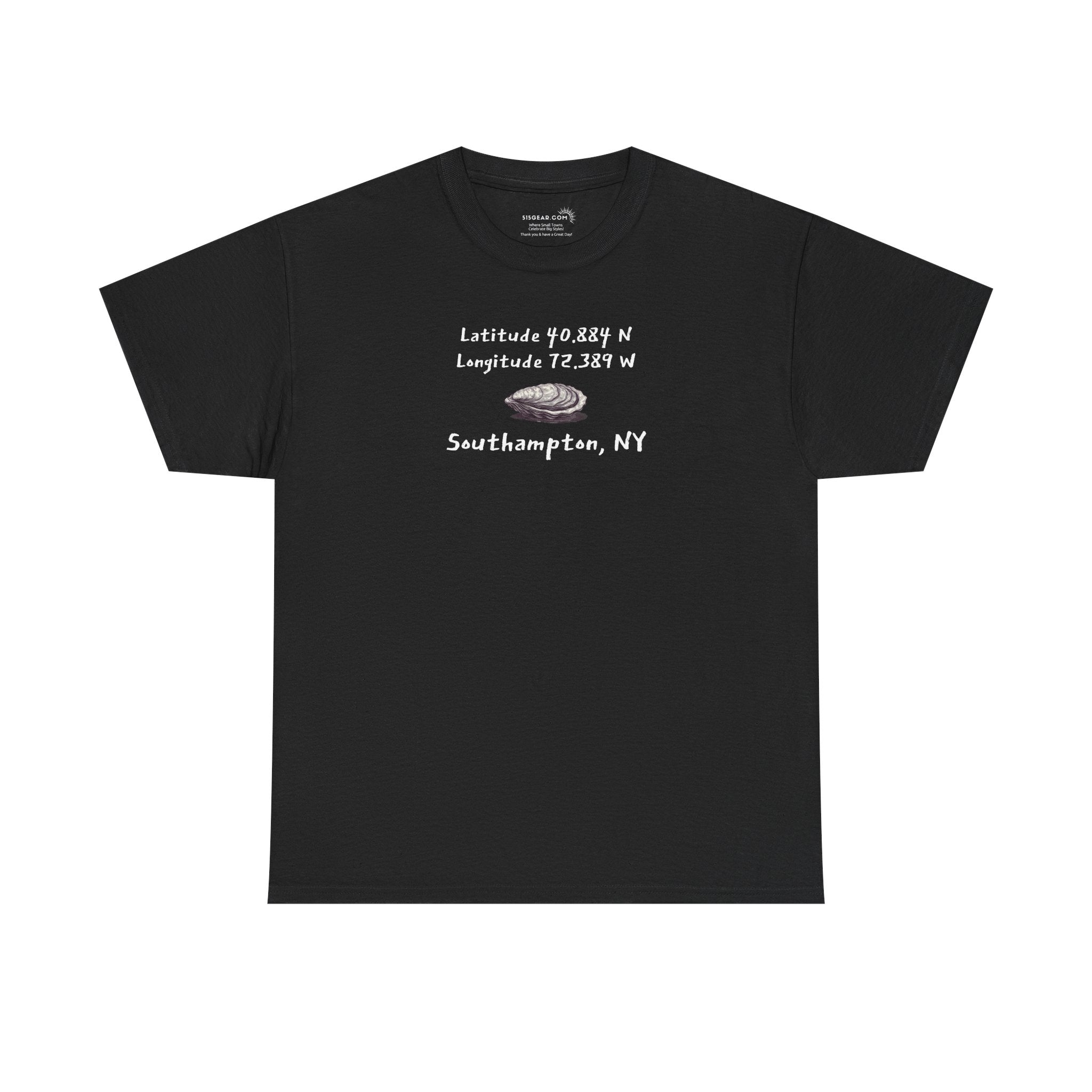 Black t-shirt with oyster graphic and text "latitude and longitude - Southampton NY"