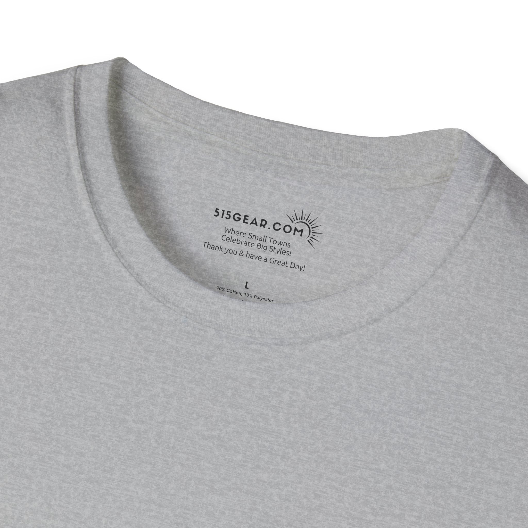 Gray t-shirt with a brand logo and text on the collar area