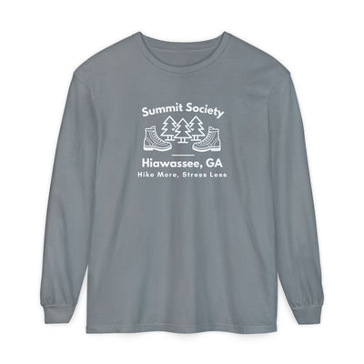 Long-sleeve t-shirt, 'Summit Society Hiawassee, GA Hike More, Stress Less' printed on the front.