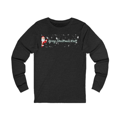 Dark gray long-sleeve shirt with Santa Claus graphic and 'Merry Christmas Hall' text on a white background