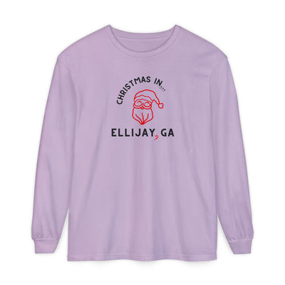 Purple comfort colors long-sleeve shirt with happy Santa graphic and text "Christmas in... Ellijay, GA"