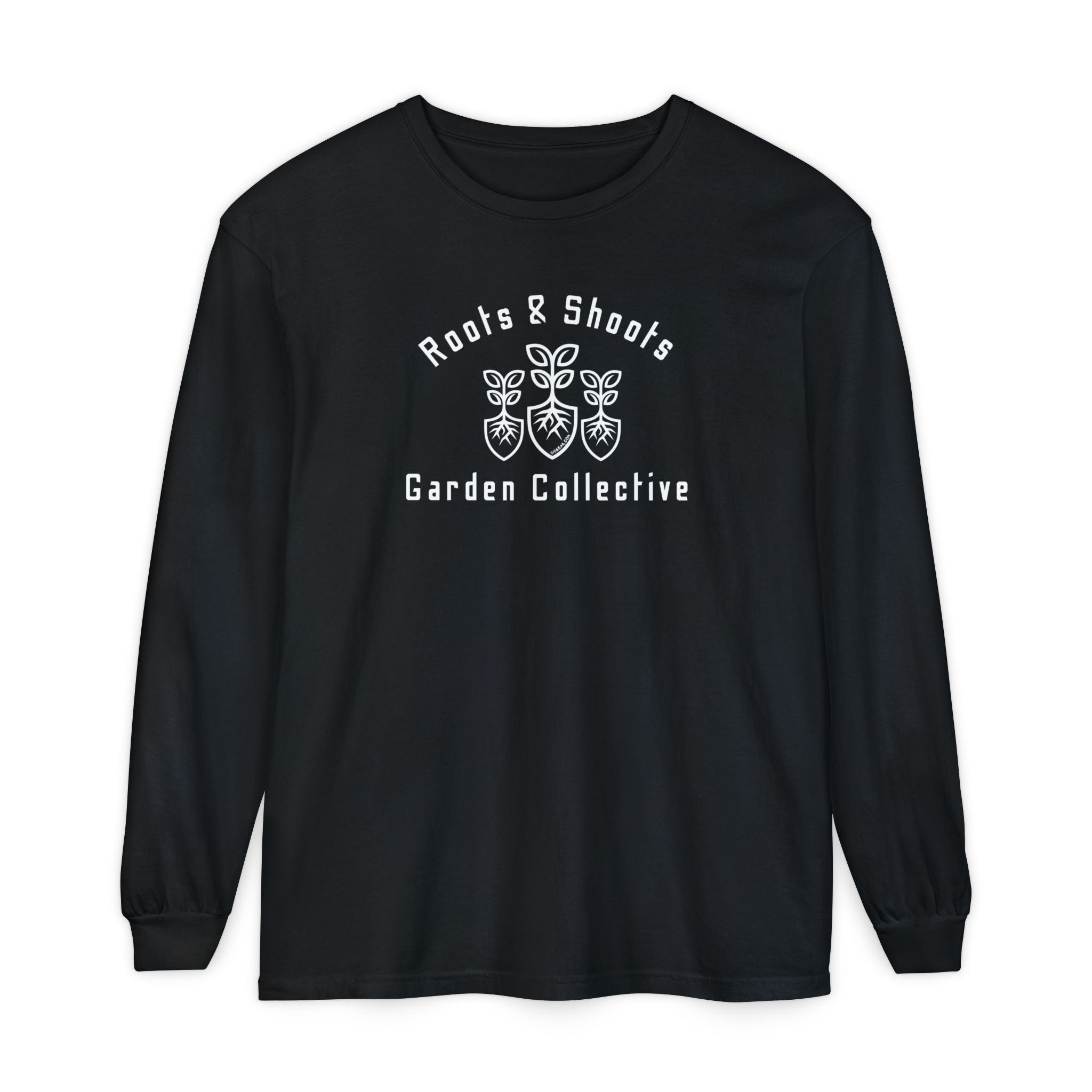 Black long-sleeve shirt with 'Roots & Shoots Garden Collective' logo on a white background