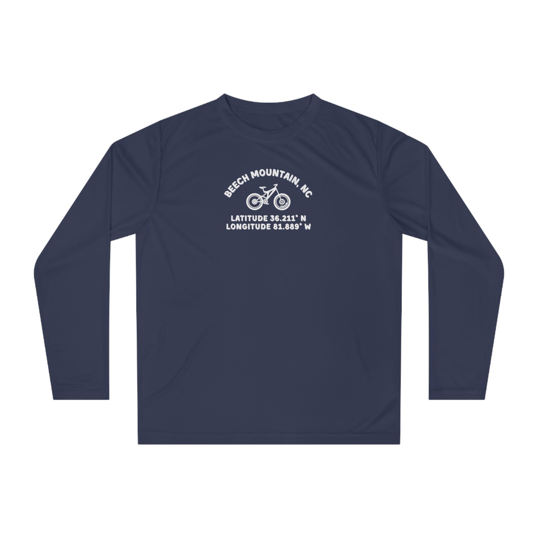 Navy long-sleeve shirt with mountain bike graphic and text "Beech Mountain, NC - Latitude and Longitude" coordinates