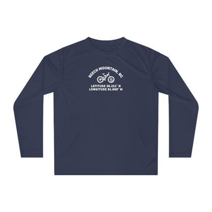 Navy long-sleeve shirt with mountain bike graphic and text "Beech Mountain, NC - Latitude and Longitude" coordinates
