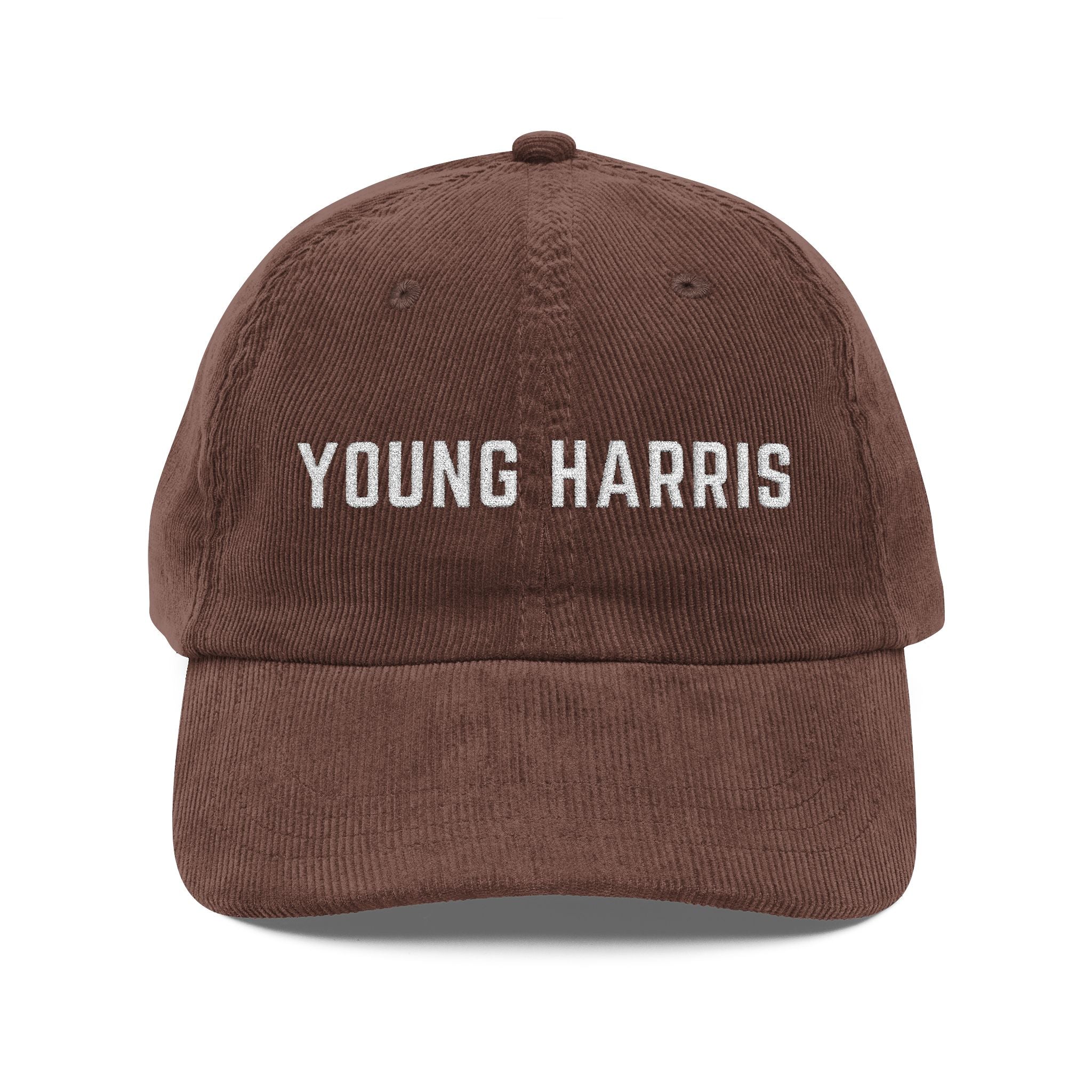 Brown corduroy hat with white 'YOUNG HARRIS' text embroidered by 515Gear.com
