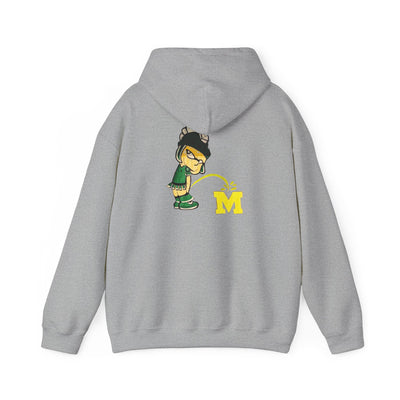 Gray hoodie with Sparty cartoon character peeing on a block M