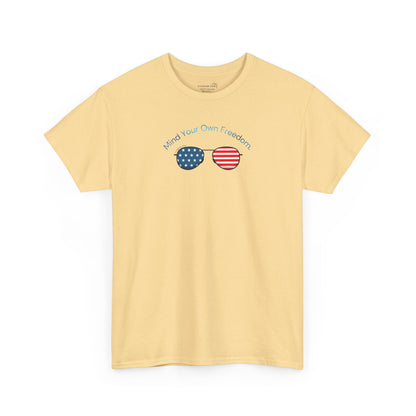 Yellow t-shirt with American Flag sunglasses and text "Mind Your Own Freedom"