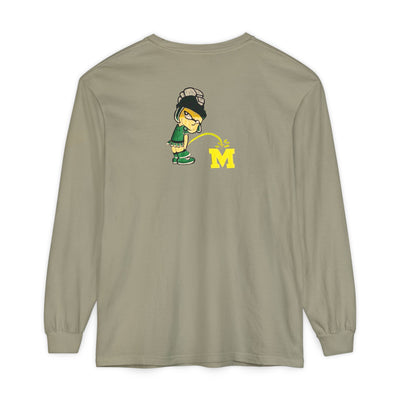 Beige long-sleeve shirt with cartoon Sparty peeing and text Always Spartan