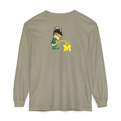 Beige long-sleeve shirt with cartoon Sparty peeing and text Always Spartan