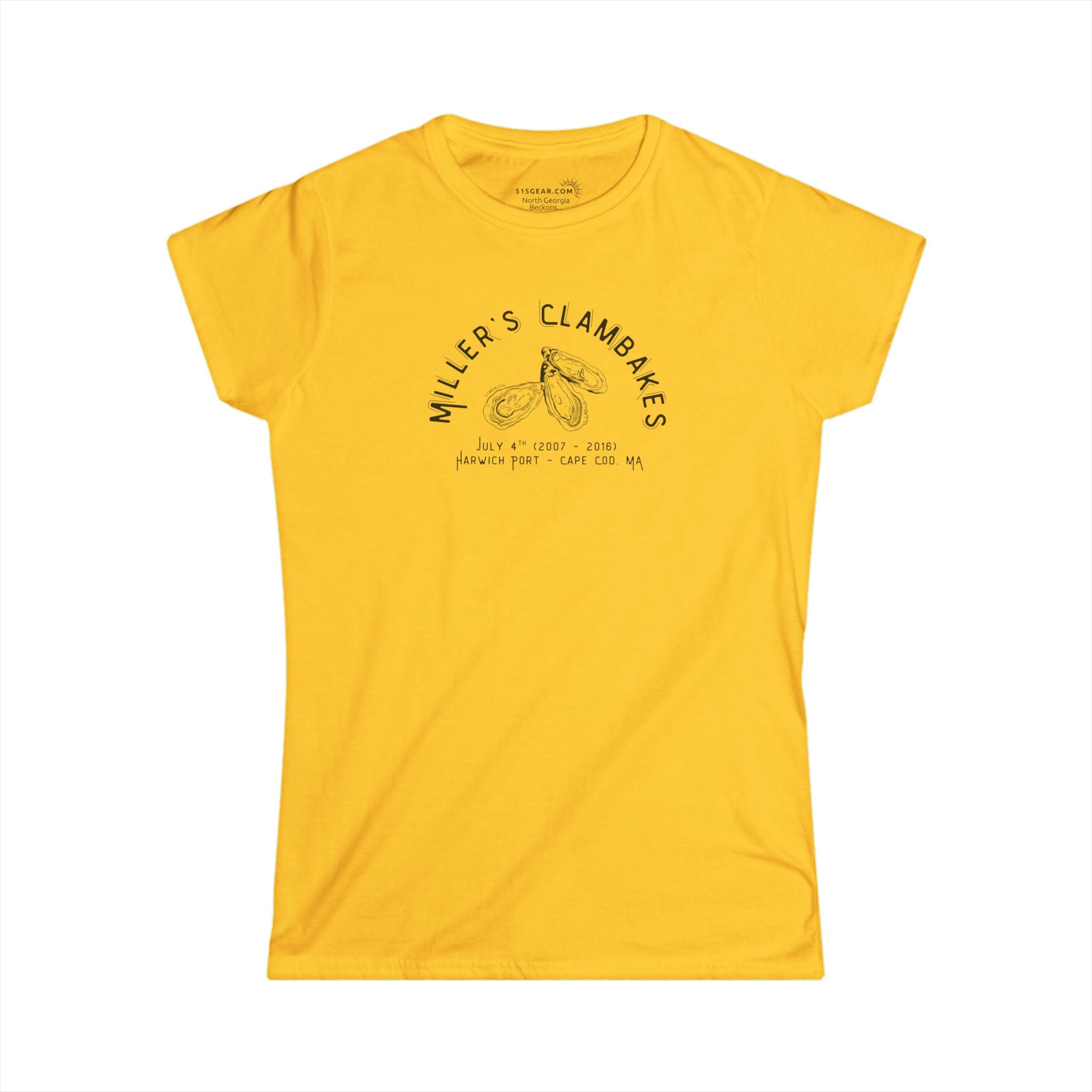 Yellow t-shirt with Oyster shell graphic and text Miller's Clambakes