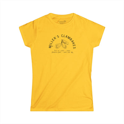 Yellow t-shirt with Oyster shell graphic and text Miller's Clambakes