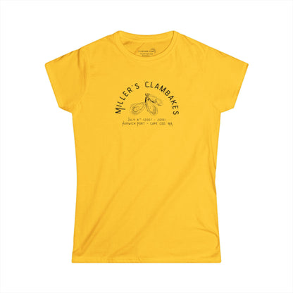 Yellow t-shirt with Oyster shell graphic and text Miller's Clambakes
