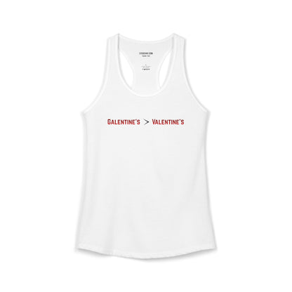 White women's Racerback tank top with text Galentine’s over Valentine’s 