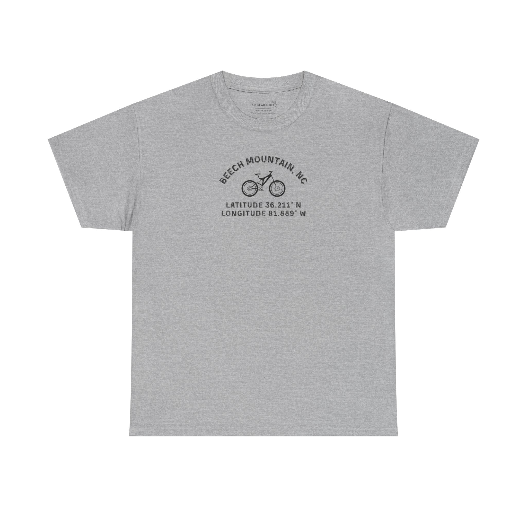 Gray t-shirt with mountain bike graphic and text "Beech Mountain, NC - Latitude and Longitude" coordinates