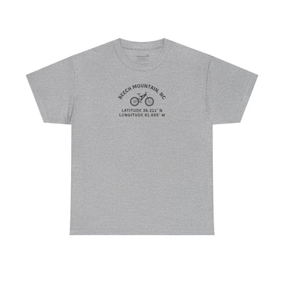 Gray t-shirt with mountain bike graphic and text "Beech Mountain, NC - Latitude and Longitude" coordinates