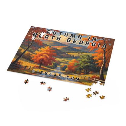 Puzzle of a scenic landscape with autumn trees and mountains, featuring text 'Autumn in North Georgia' from 515Gear.com