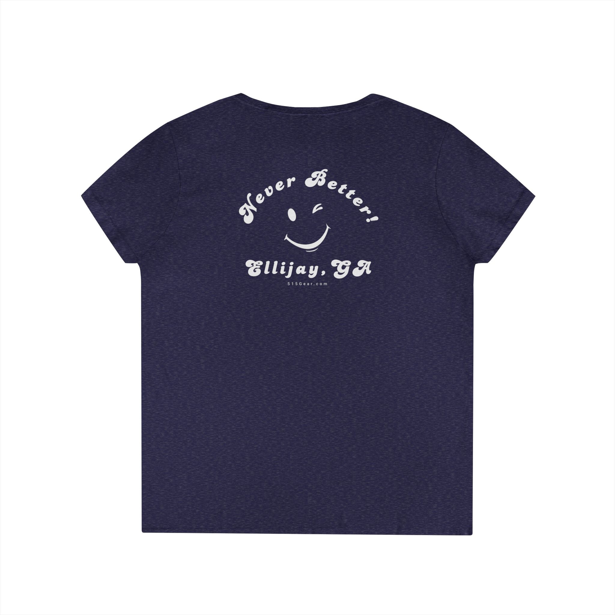 Navy women's v-neck shirt with a winking smiley face and "never better - Ellijay GA" text on the back by 515Gear.com