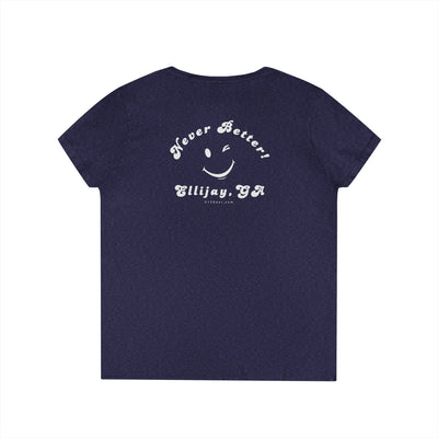 Navy women's v-neck shirt with a winking smiley face and "never better - Ellijay GA" text on the back by 515Gear.com