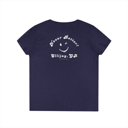 Navy women's v-neck shirt with a winking smiley face and "never better - Ellijay GA" text on the back by 515Gear.com
