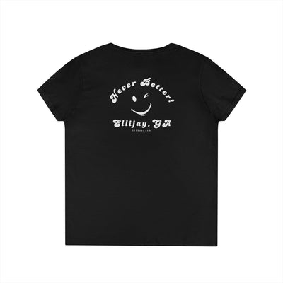 Black women's v-neck shirt with a winking smiley face and "never better - Ellijay GA" text on the back by 515Gear.com