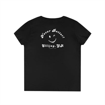 Black women's v-neck shirt with a winking smiley face and "never better - Ellijay GA" text on the back by 515Gear.com