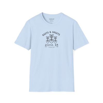 unisex adult T-shirt, Roots & Shoots, Garden shovel root leaf graphic, 515Gear.com | Jasper, GA | celebrate gardening
