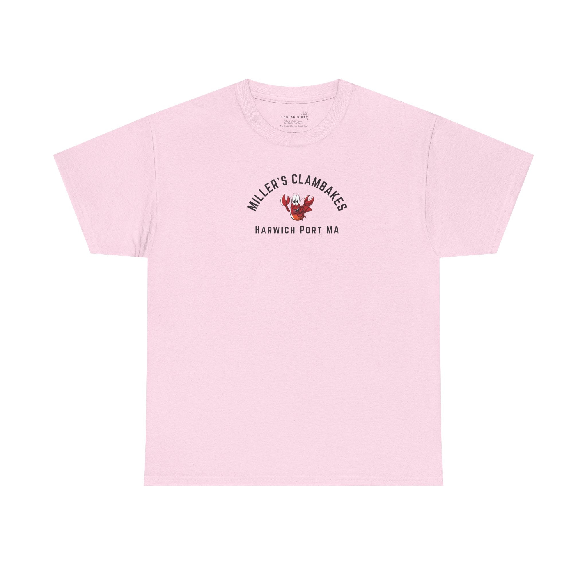 Pink t-shirt with happy lobster graphic and text 'Miller's Clambakes Harwich Port, MA'  