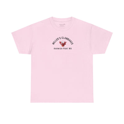 Pink t-shirt with happy lobster graphic and text 'Miller's Clambakes Harwich Port, MA'  
