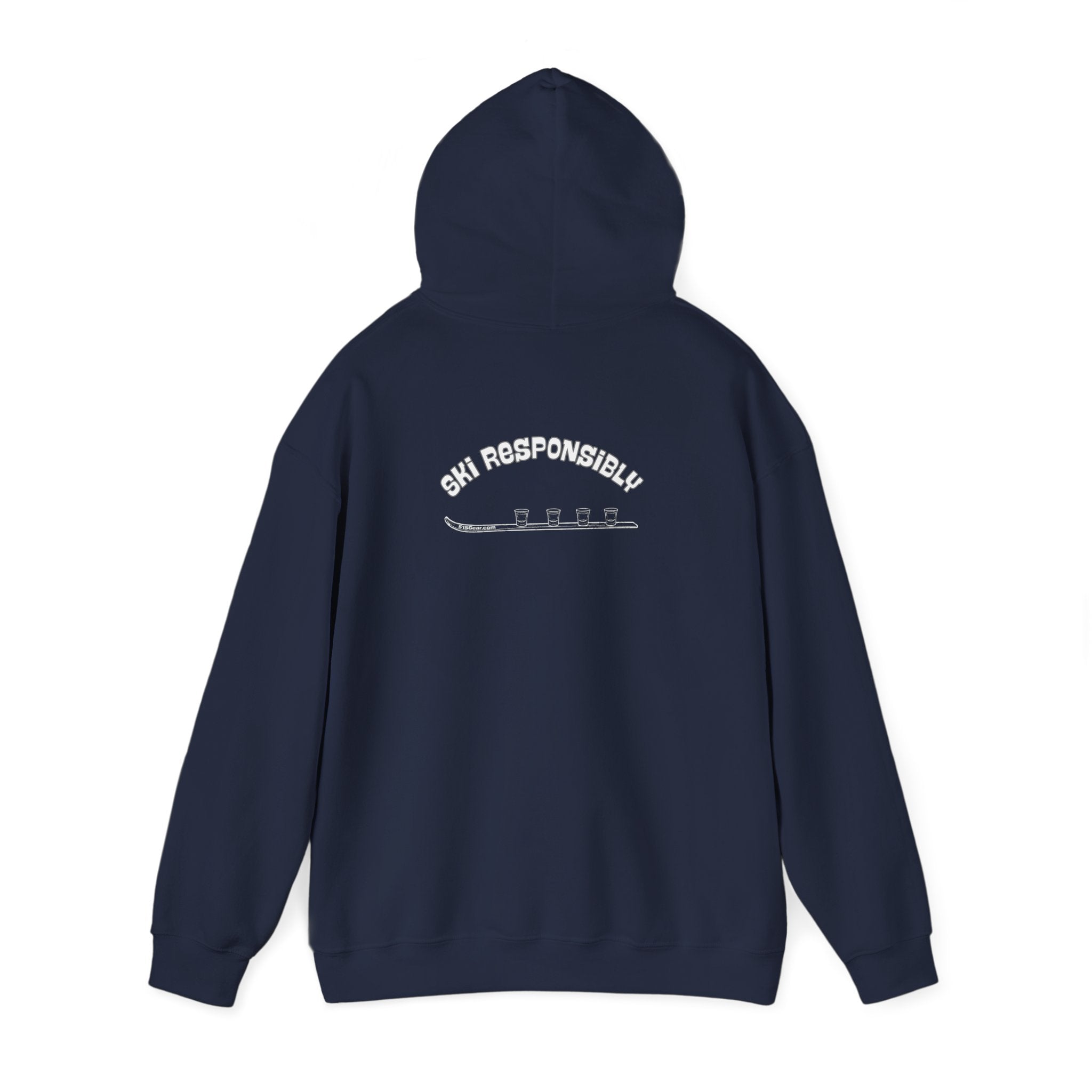 Navy blue hoodie with text on the back "Ski Responsibly" and graphic of a Shotski