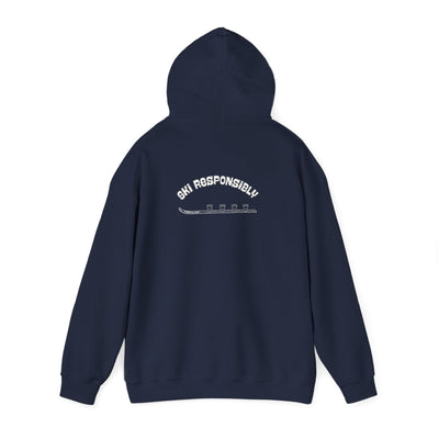 Navy blue hoodie with text on the back "Ski Responsibly" and graphic of a Shotski