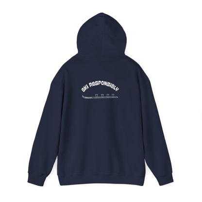 Navy blue hoodie with text on the back "Ski Responsibly" and graphic of a Shotski
