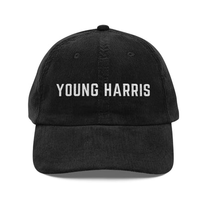 Black corduroy hat with white 'YOUNG HARRIS' text embroidered by 515Gear.com