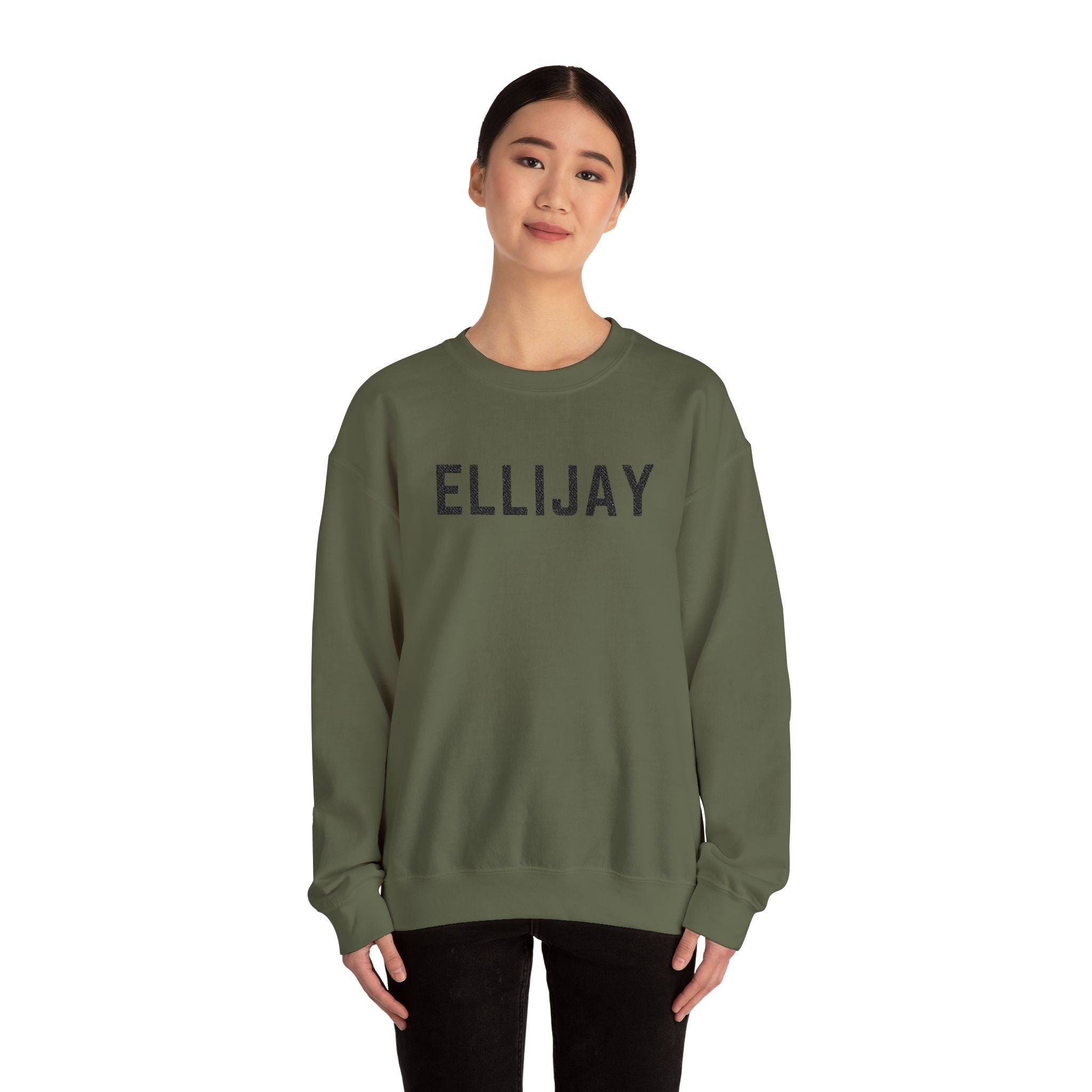Person wearing a green sweatshirt with 'ELLIJAY' embroidered on a white background