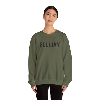 Person wearing a green sweatshirt with 'ELLIJAY' embroidered on a white background