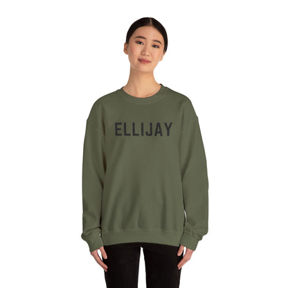 Person wearing a green sweatshirt with 'ELLIJAY' embroidered on a white background