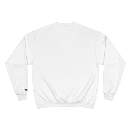 White sweatshirt with a brand logo on the sleeve against a white background